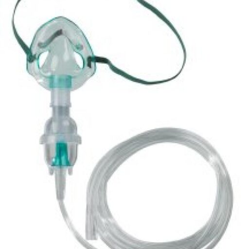 A medical oxygen mask with tubing for respiratory therapy.
