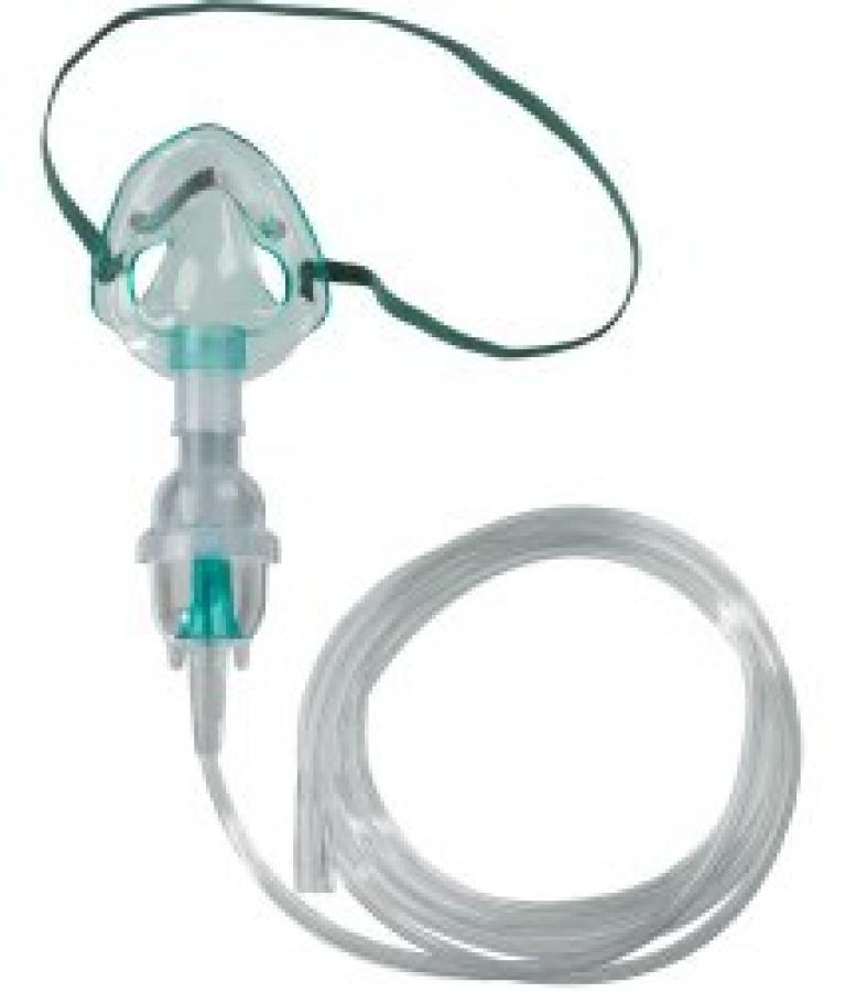 A medical oxygen mask with tubing for respiratory therapy.