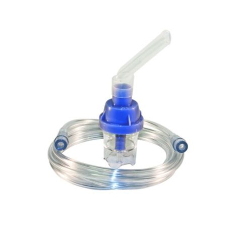 A blue and white medical nebulizer mask with tubing.