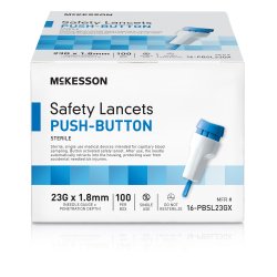 Box of McKesson Safety Lancets with push-button activation.
