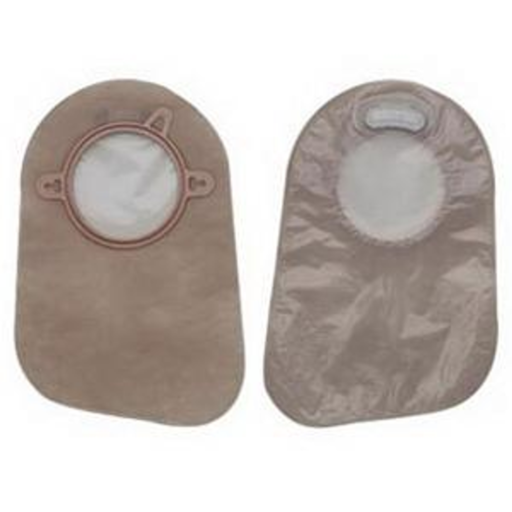 Two beige ostomy bags with transparent windows and clips.