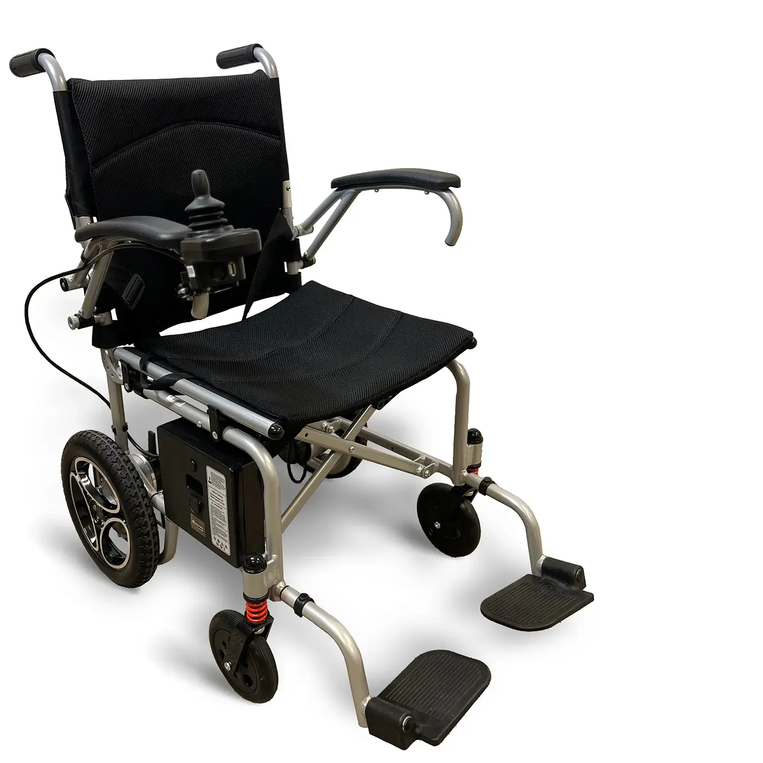 A wheelchair with wheels and seat covers.