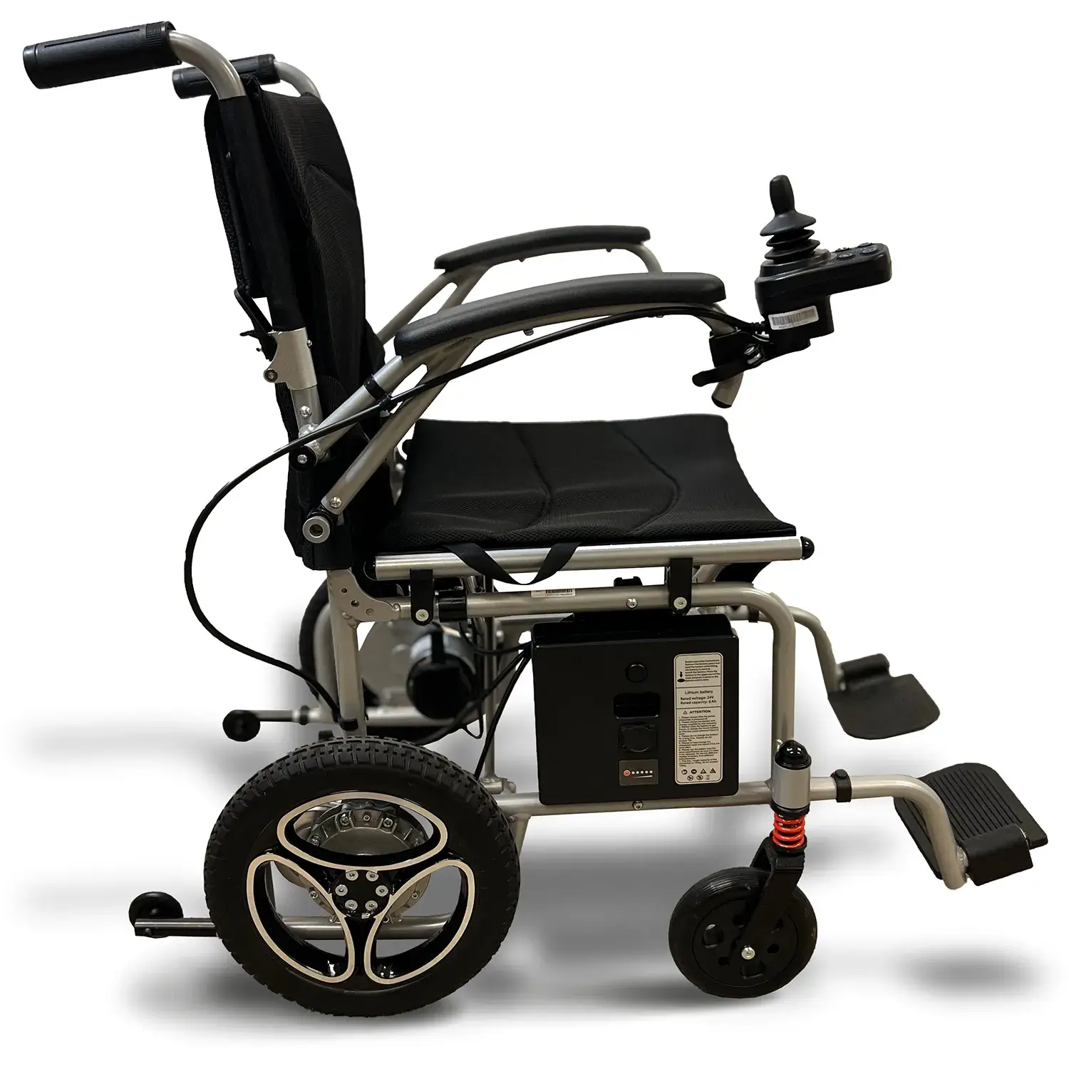 A black and silver wheelchair with wheels on the ground