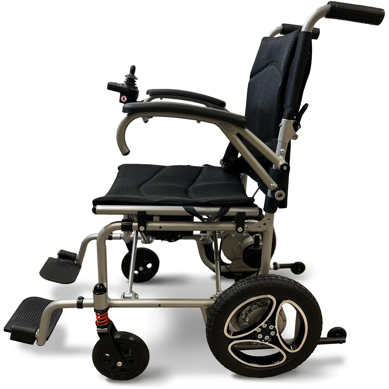 A wheelchair with wheels and a seat.