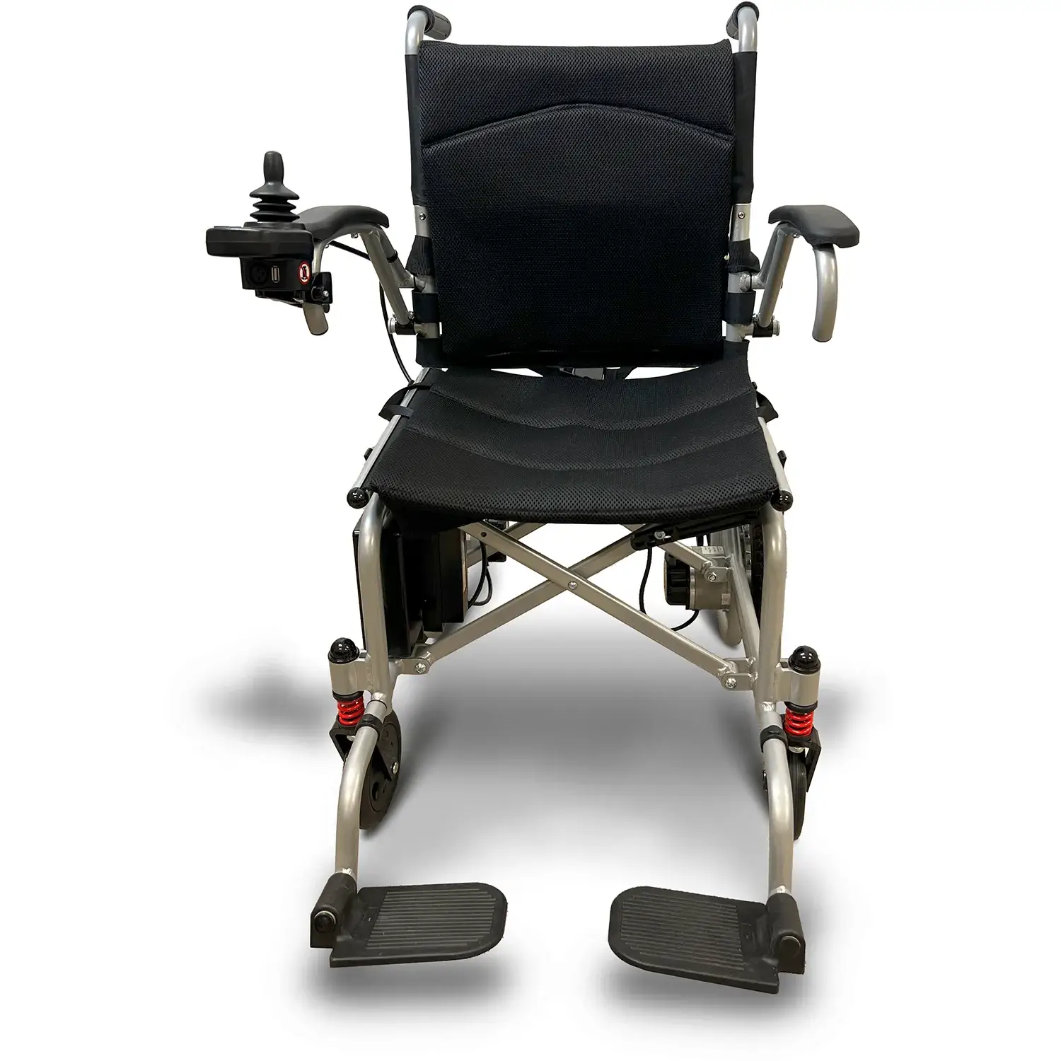 A black and silver wheelchair with two wheels.