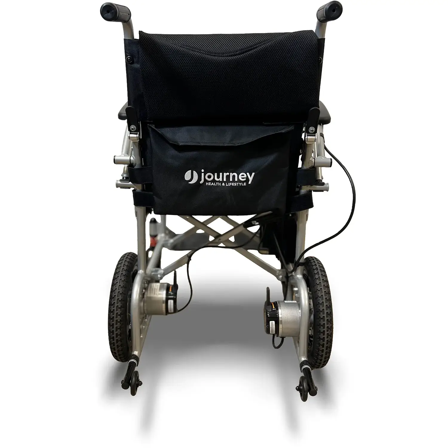 A wheelchair with wheels and a seat cushion.