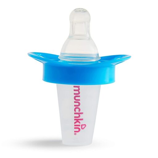 A blue and white Munchkin baby pacifier with a silicone nipple.