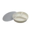 Round plastic plate with three compartments and a lid.