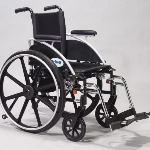 A wheelchair with wheels and the seat folded down.