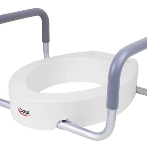 A white toilet seat with two metal handles.