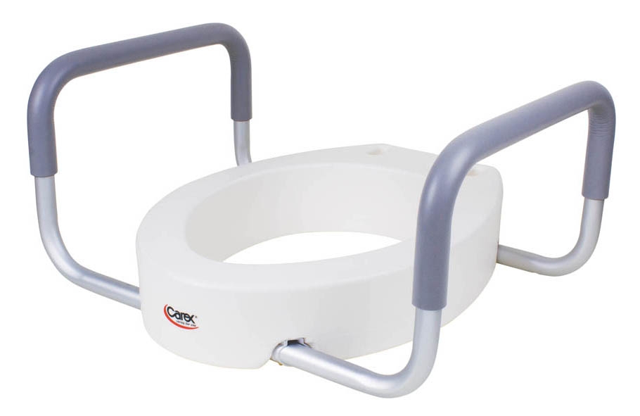 A white toilet seat with two metal handles.