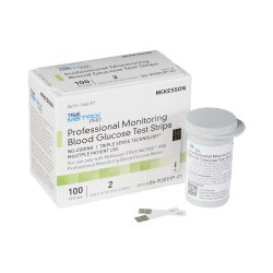 Blood glucose test strips and container for monitoring blood sugar levels.