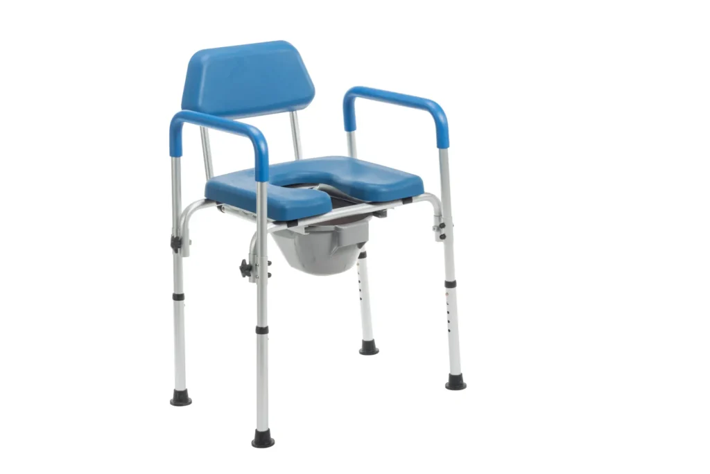 A blue commode chair with the seat up.