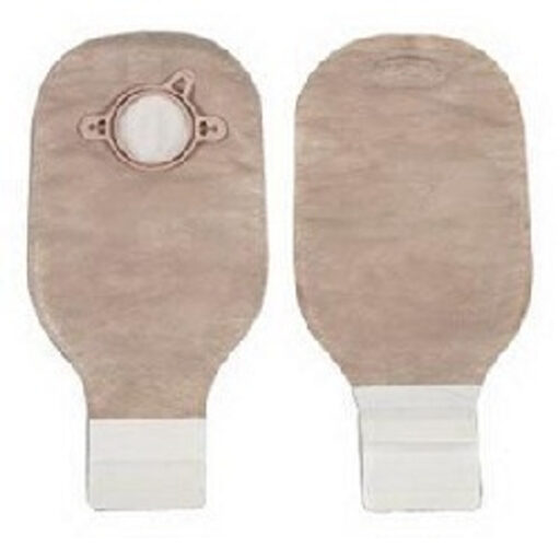 Two beige ostomy bags with adhesive backing for medical use.