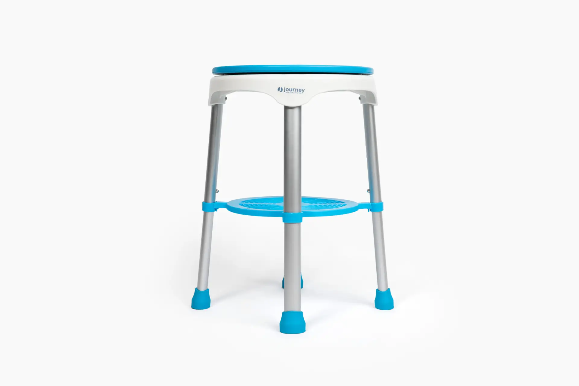 A stool with two levels and a blue top.