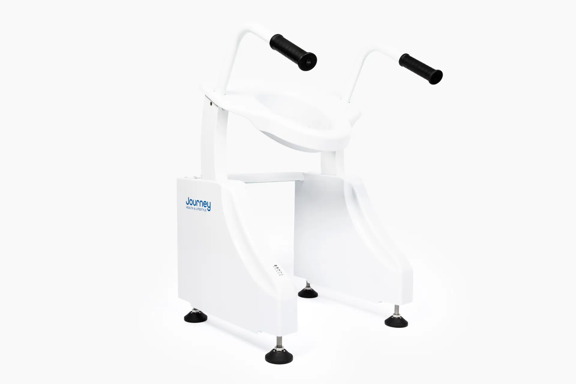 A white chair with black handles on top of it.