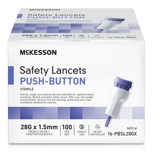 Box of McKesson Safety Lancets Push-Button, 28g x 1.5mm, 100 count.