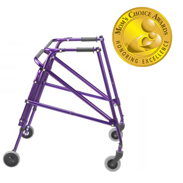 Purple four-wheeled walker with a gold award badge.