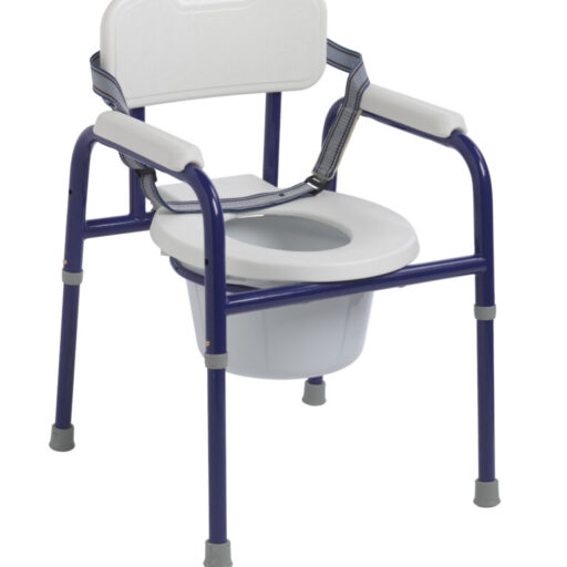 A portable commode chair with armrests and a removable bucket.