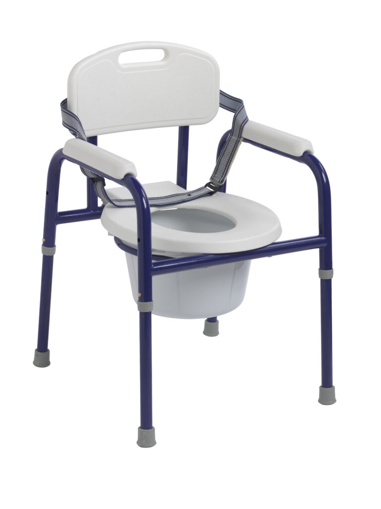 A portable commode chair with armrests and a removable bucket.