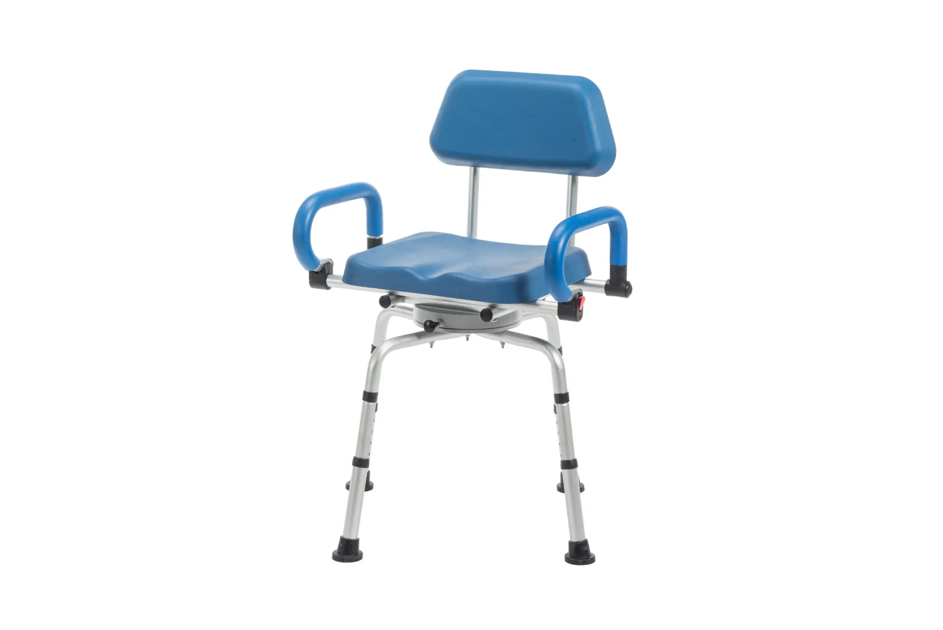A blue shower chair with arms and back.