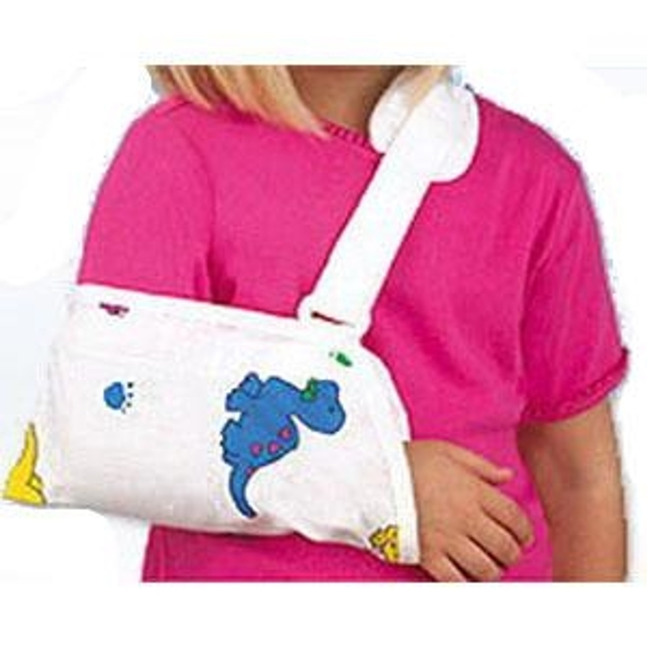 Child wearing a colorful arm sling decorated with cartoon characters.