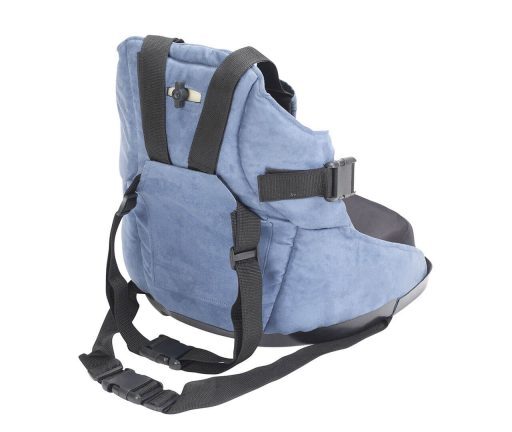 Blue baby carrier with adjustable straps and buckles.