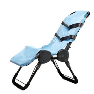 Light blue reclining chair with black frame and straps.