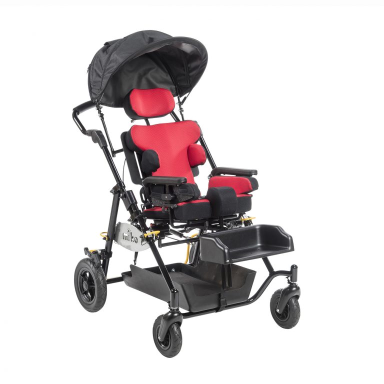 A red and black adaptive stroller with canopy and supportive seating.
