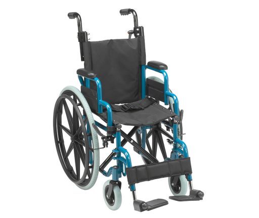 A blue and black manual wheelchair with footrests and large rear wheels.