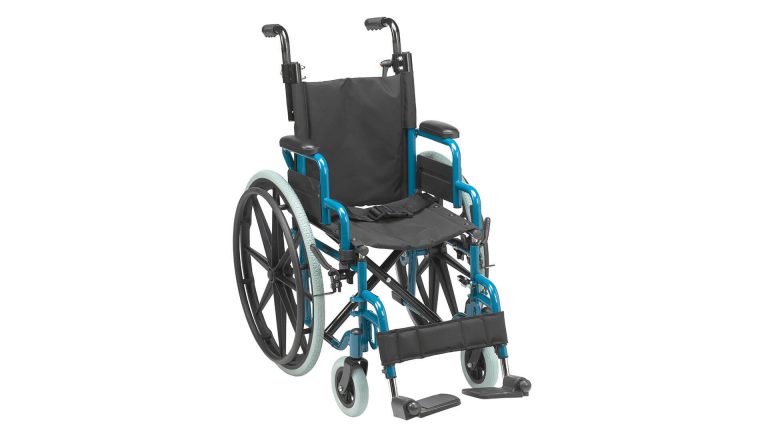 A blue and black manual wheelchair with footrests and large rear wheels.
