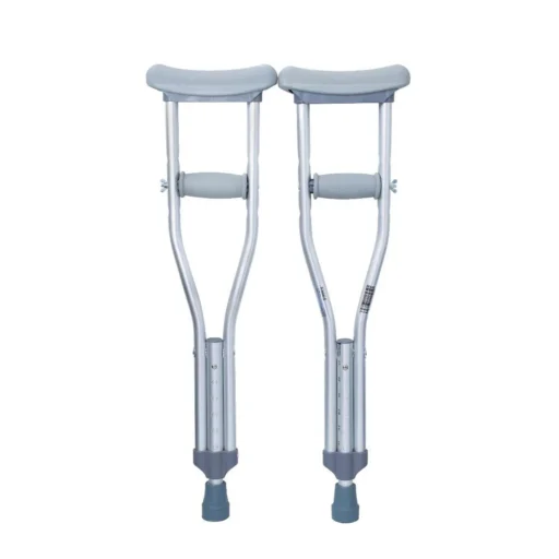 Pair of adjustable aluminum crutches with padded armrests and rubber tips.