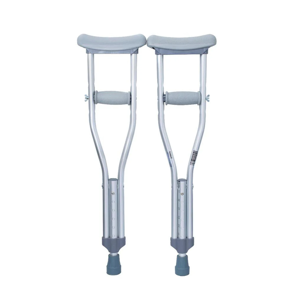 Pair of adjustable aluminum crutches with padded armrests and rubber tips.