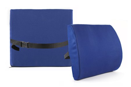 Blue wheelchair cushions with black straps for support and comfort.