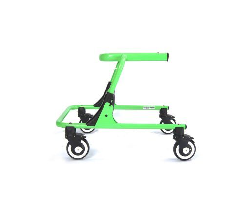 Bright green pediatric walker with wheels for mobility support.