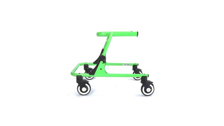 Bright green pediatric walker with wheels for mobility support.