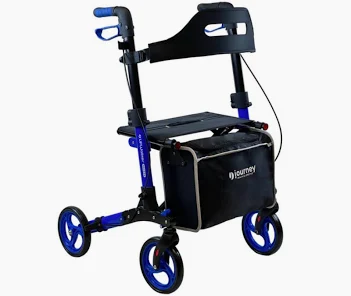 A blue and black rollator walker with seat and storage bag.