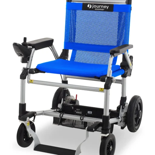 A blue wheelchair with wheels and seat.